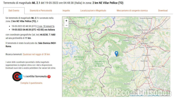 Scossa di terremoto nella notte con ipocentro a Villar Pellice