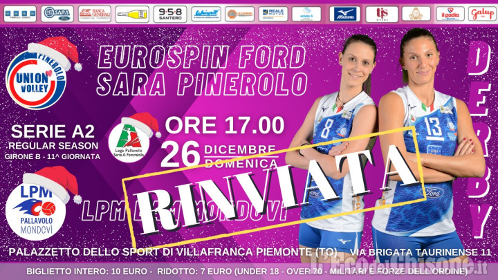 Volley serie A2 donne, rinviata per casi Covid la gara Pinerolo-Mondovì