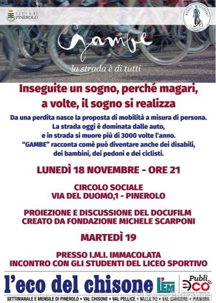 Sicurezza per i ciclisti, lunedì 18 serata docufilm a Pinerolo con Fondazione Michele Scarponi