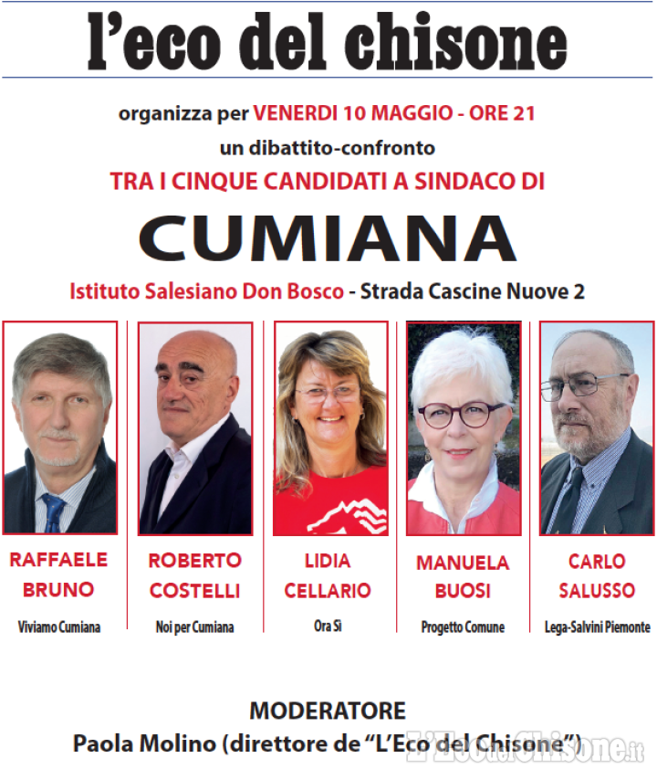 Cumiana: questa sera faccia a faccia tra i cinque candidati a sindaco