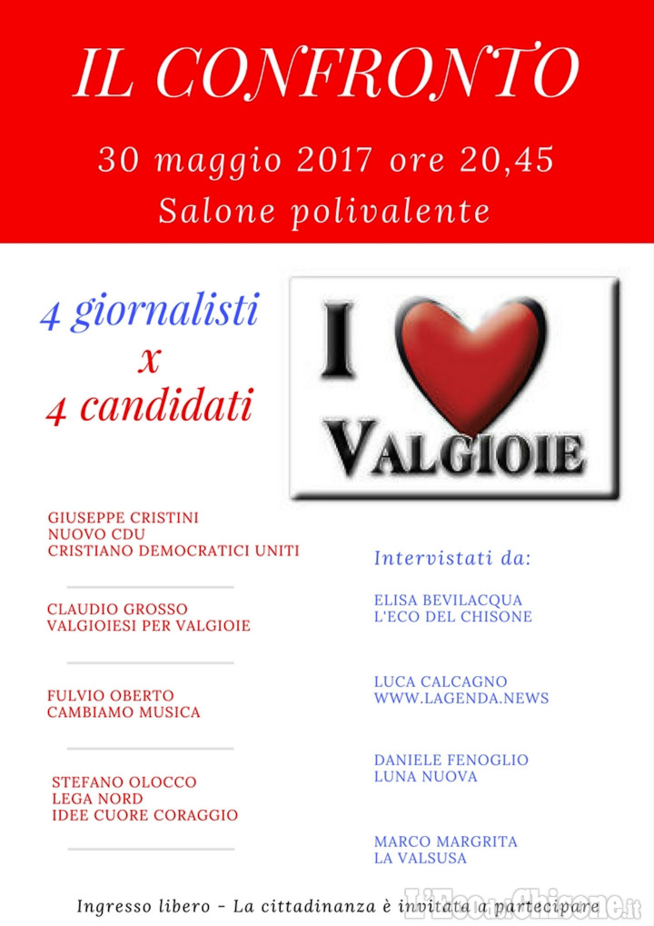 Valgioie: martedì 30 il confronto tra i quattro candidati sindaco