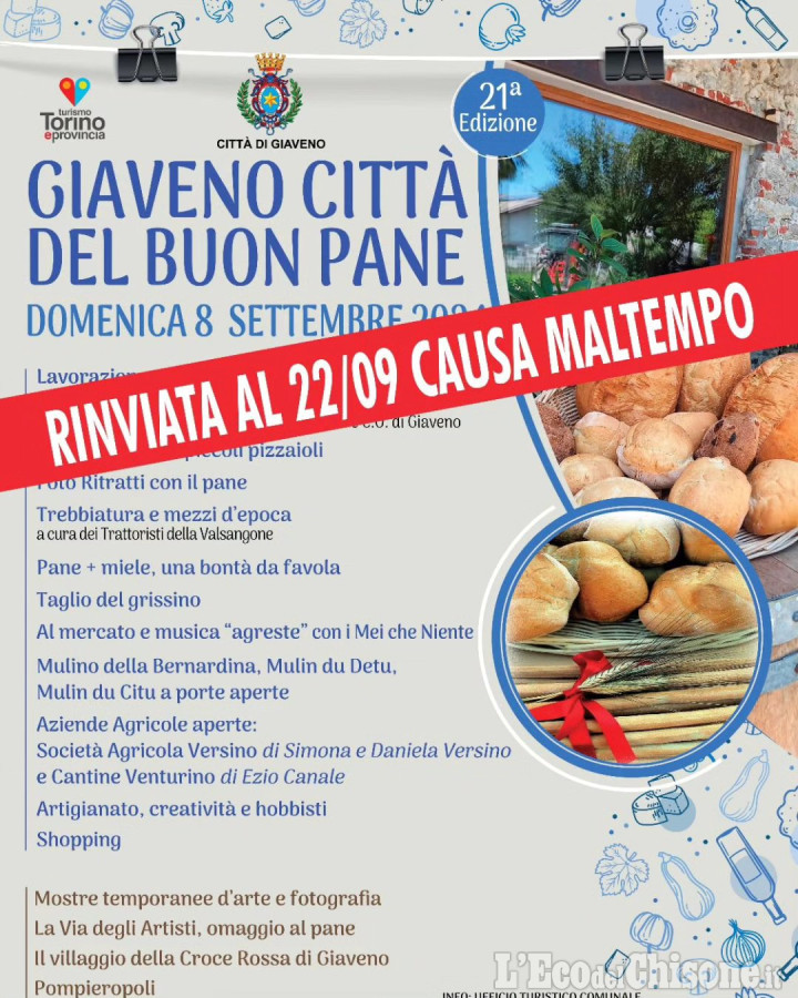Rinviata al 22 settembre la manifestazione "Giaveno città del buon pane"