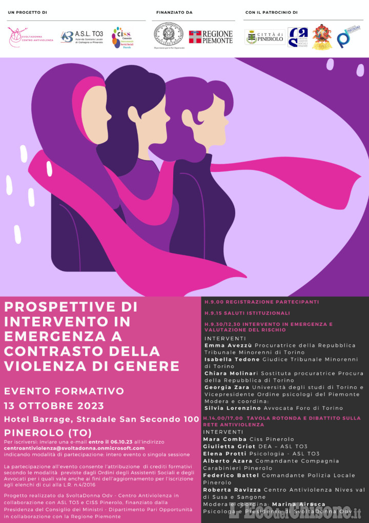 A Pinerolo un convegno su prospettive di intervento in emergenza a contrasto della violenza di genere