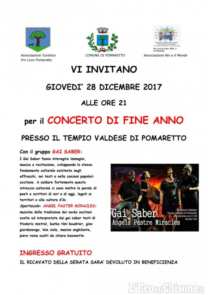 Solidarietà a Pomaretto: concerto di fine anno di Gai Saber